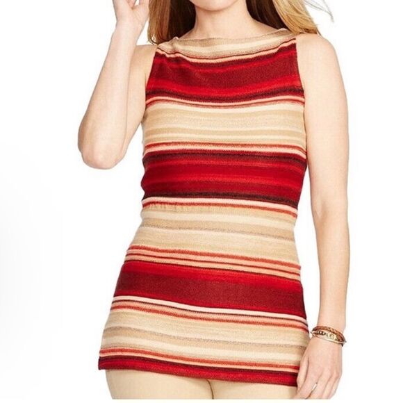 LAUREN By Ralph Lauren Linen Blend Striped Tan Red Sleeveless Top - Picture 11 of 11